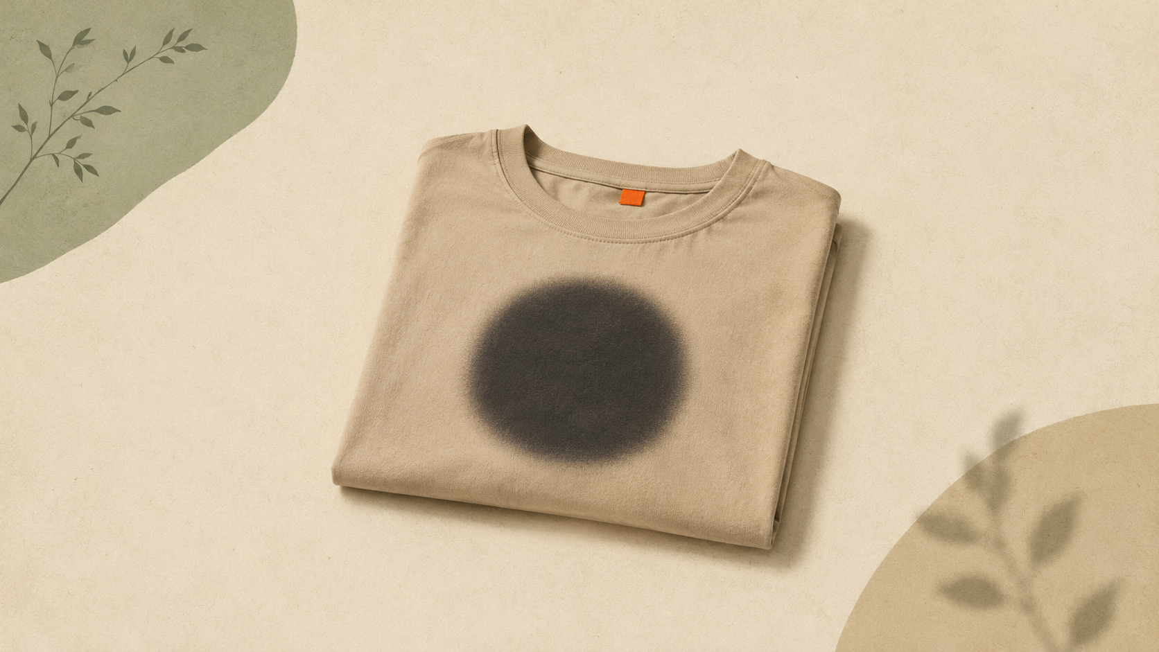 Editorial illustration of a folded t-shirt with a blurred geometric mark on the chest, evoking print quality loss