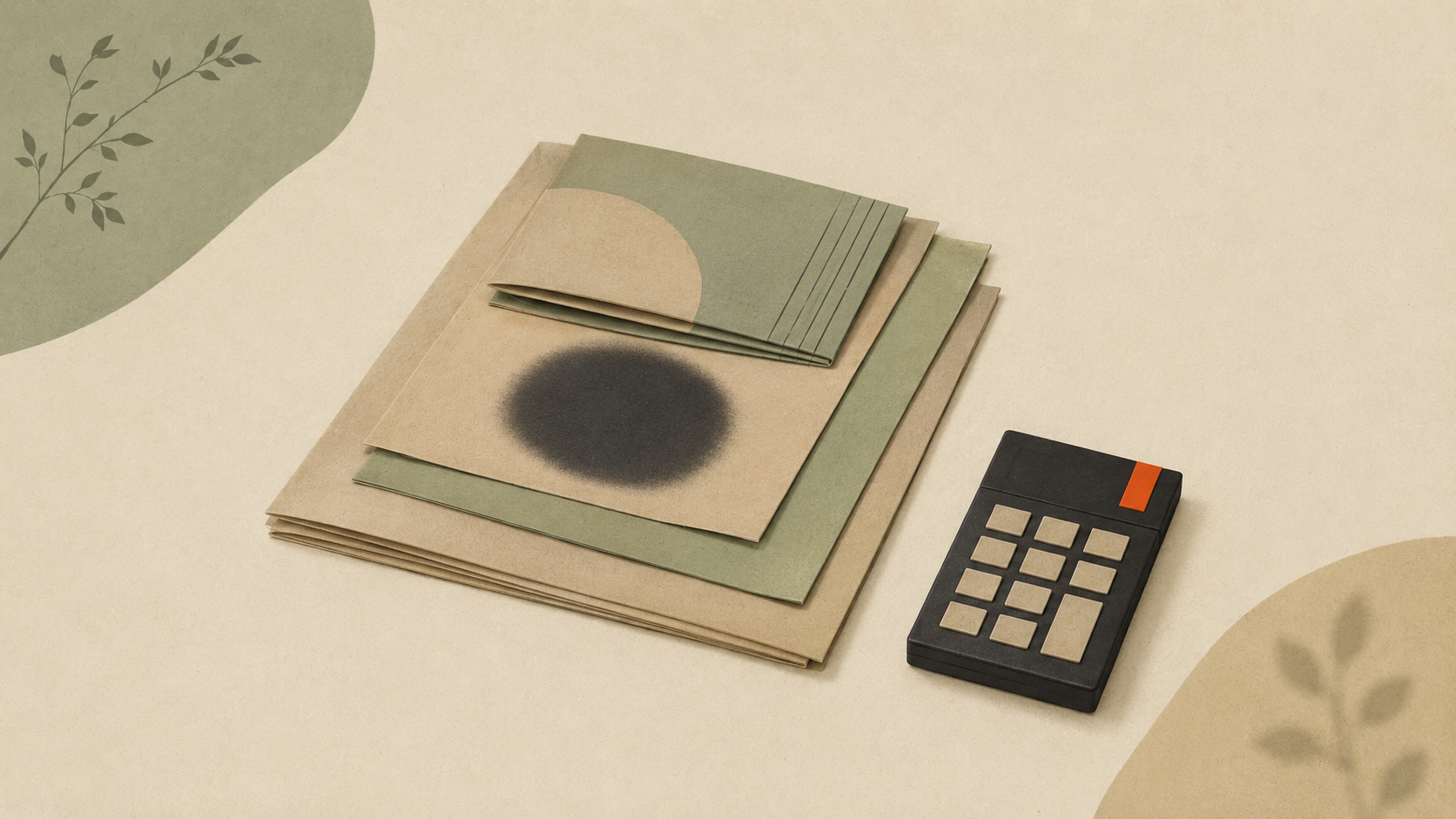 Editorial illustration of a stack of printed materials with a small calculator beside them on a desk, evoking hidden costs