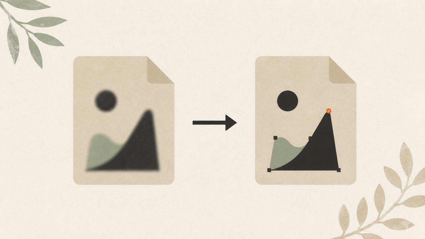 Editorial illustration of a JPG document transforming into clean vector paths with anchor points visible, evoking the conversion process