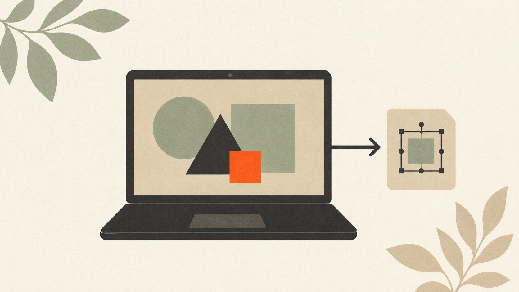 Editorial illustration of an open vector design tool window with abstract layered shapes being exported as a file document
