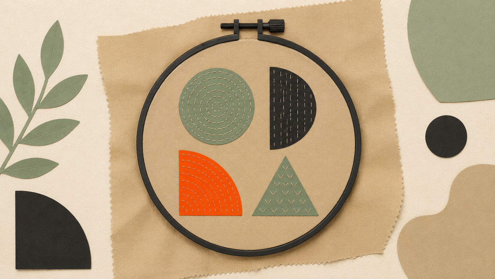 Editorial illustration of a wooden embroidery hoop with abstract layered shapes inside, evoking digitized stitch paths