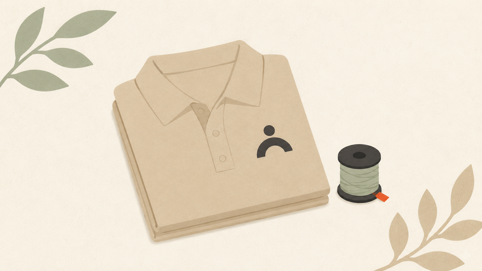 Editorial illustration of a folded garment with a small abstract emblem stitched onto the chest area, surrounded by thread spool shapes