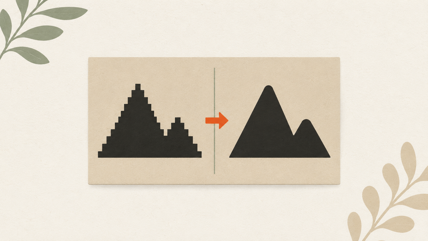 Editorial illustration of a small pixelated image growing into a sharp clean geometric mark, evoking restoration and scale recovery