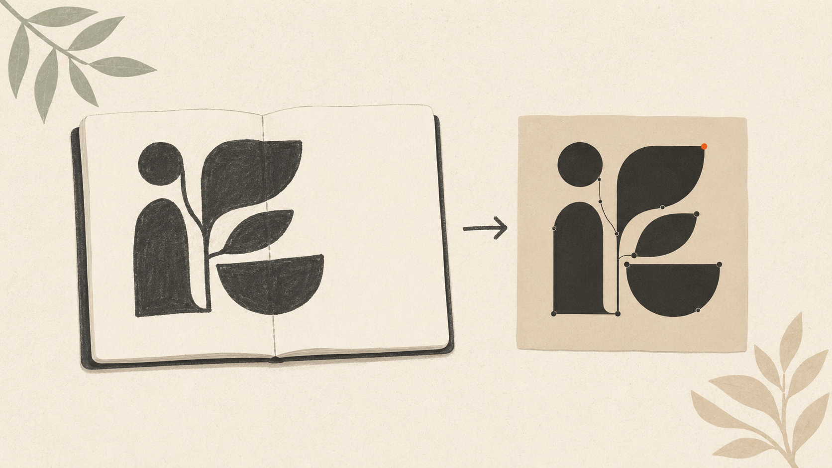 Editorial illustration of a hand-drawn sketch on paper transforming into clean vector paths with visible anchor points