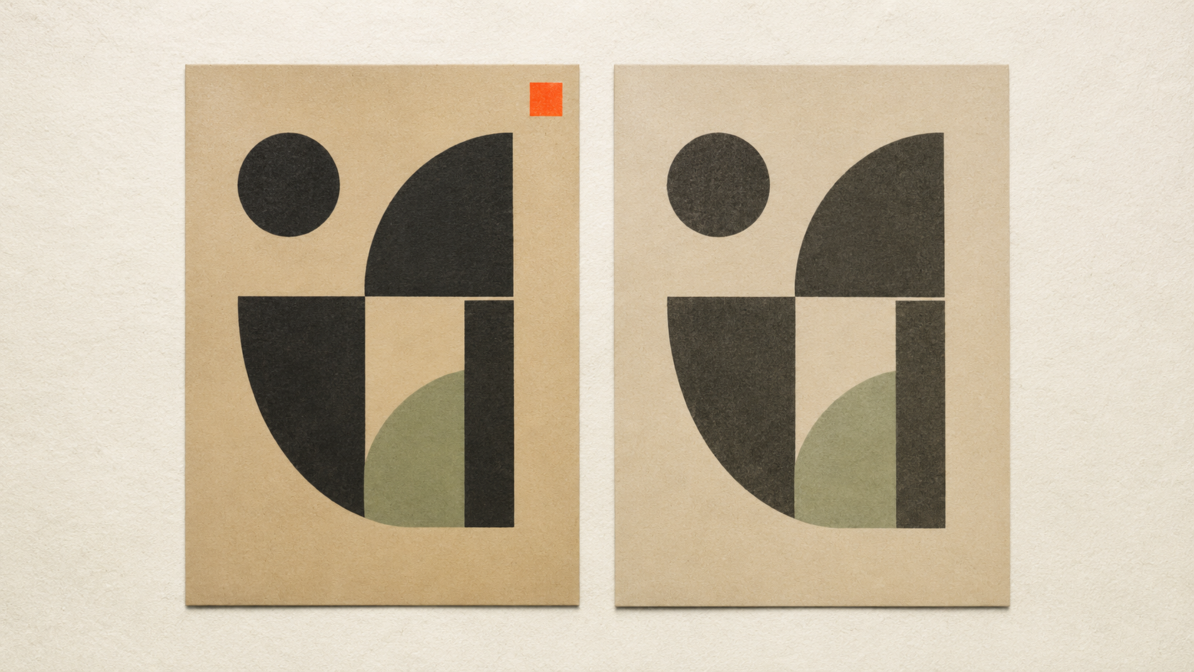 Editorial illustration showing two printed sheets representing offset and inkjet output, side by side with subtle color difference